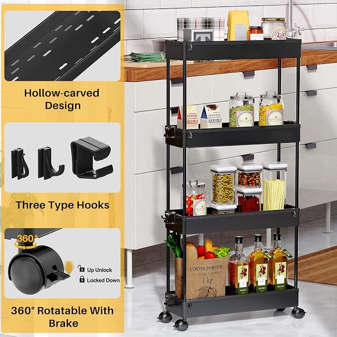 SPACEKEEPER Slim Rolling Storage Cart, 4 Tier Bathroom Cart Organizer, Mobile - Image 4