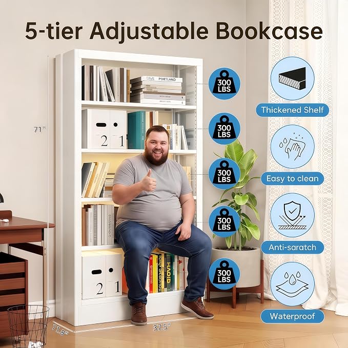 Heavy Duty Metal Bookshelf, 71” Tall 5-Tier Bookcase, Thickened 300LB Capacity - Image 3