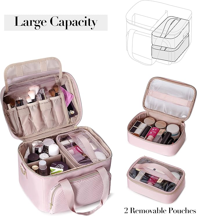 Travel Makeup Bag with 2 Pouches and Adjustable Dividers, Large Cosmetic Case - Image 2