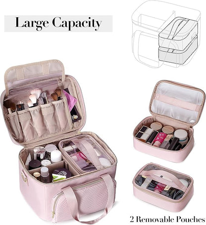 Travel Makeup Bag with 2 Pouches and Adjustable Dividers, Large Cosmetic Case - Image 2