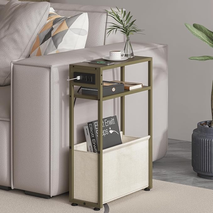 Green Side Table with Charging Station, Slim End Tables with Linen Basket by Leomonio