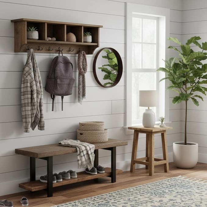 Pomona Solid Wood Entryway Bench and Coat Rack Set, Rustic Brown, 48 Inch | - Image 5