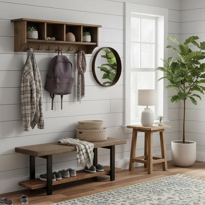 Pomona Solid Wood Entryway Bench and Coat Rack Set, Rustic Brown, 48 Inch | - Image 5