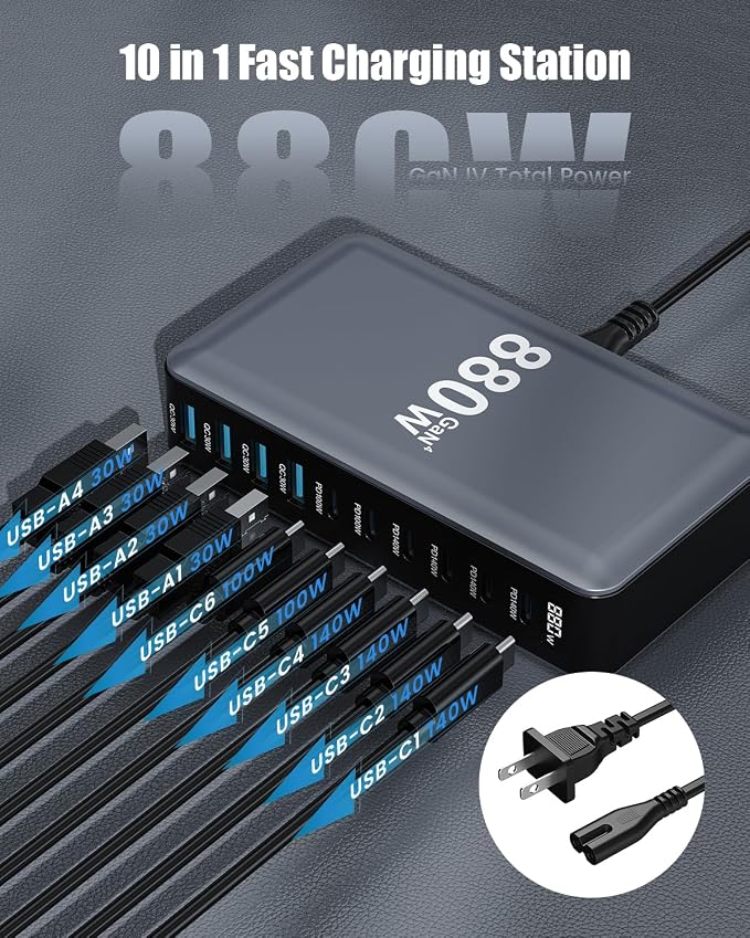 880W USB C Charger Block, 8-Port USB C Charging Station GaN IV Travel - Image 5