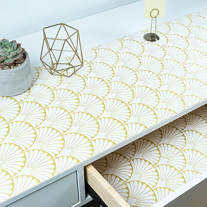 Shelf Liners Non Adhesive Gold Background White Fan-Shaped Pattern - Image 9