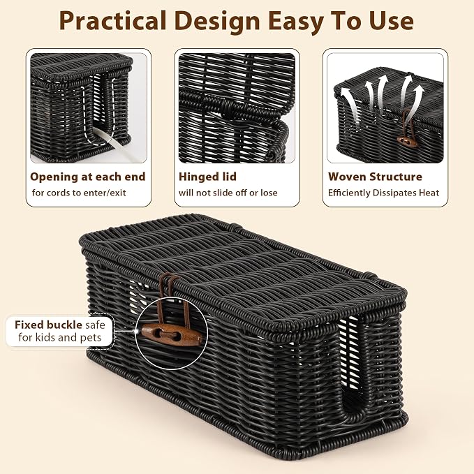Cable Management Box, Handwoven Faux Rattan Cord Organizer Box - Image 5