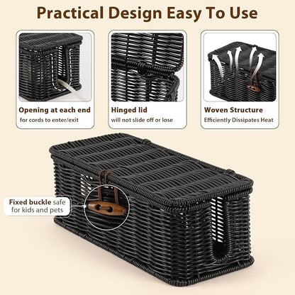 Cable Management Box, Handwoven Faux Rattan Cord Organizer Box - Image 5
