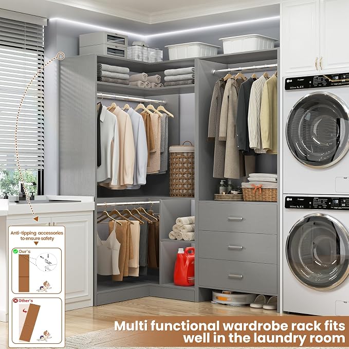 Aheaplus Closet System with 3 Drawers, 2 Hanging Rods & Corner Tower, Corner - Image 2