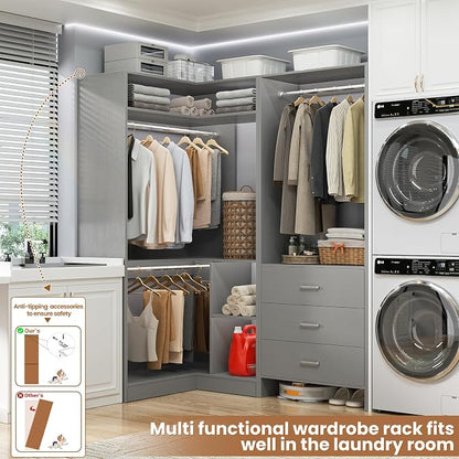 Aheaplus Closet System with 3 Drawers, 2 Hanging Rods & Corner Tower, Corner - Image 2