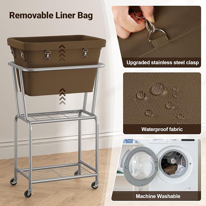 ELYKEN Laundry Cart with Wheels, Rolling Laundry Hamper with Removable Bag and - Image 4