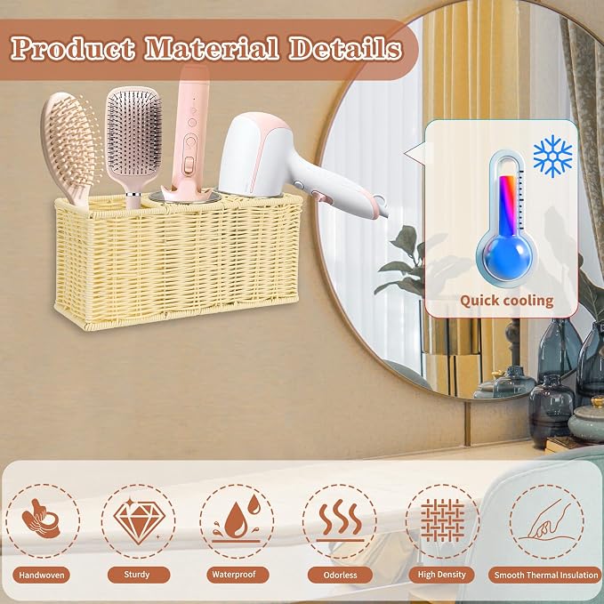 Hair Tool Organizer, Wall Mount Curling Iron Holder, Waterproof Wicker Hot - Image 3