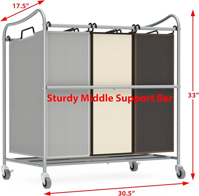 Simple Houseware Heavy Duty 3-Bag Laundry Sorter Rolling Cart - Image 3