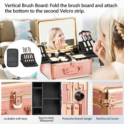 Rose Gold Makeup Case with Lighted Mirror, Detachable LED Mirror, Travel Makeup - Image 7