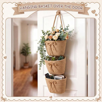 3-tier Hanging Basket Wall Mounted Coquette Bow Cotton Rope Hanging Storage - Image 5