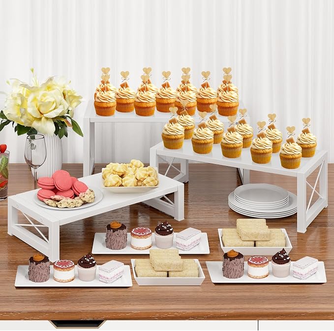 ELITEROO White 3-Tier Cupcake Stand & Wooden Display Riser, Dessert Stand - Image 2