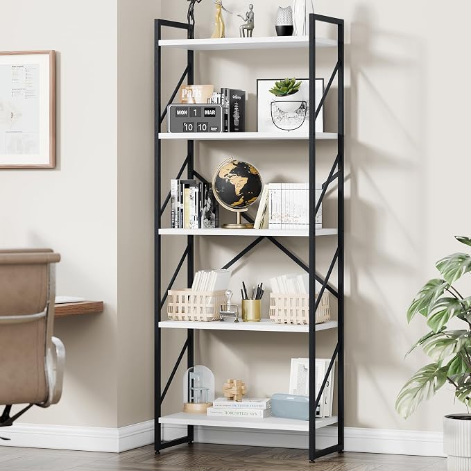 Vongrasig 5 Tier Bookshelf, Modern Tall Bookcase, Industrial Book Shelves - Image 3