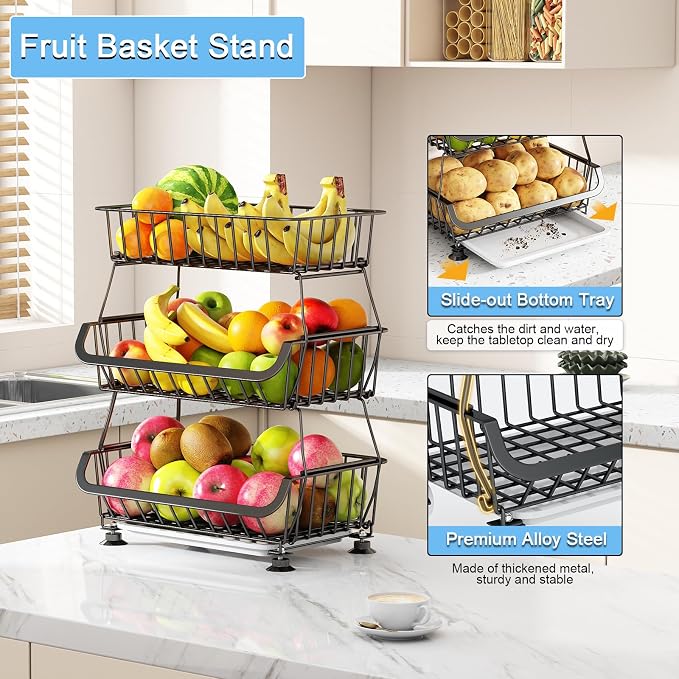 3-Tier Rolling Pantry Floor Organizer, Stackable Pantry Storage Cart - Image 3