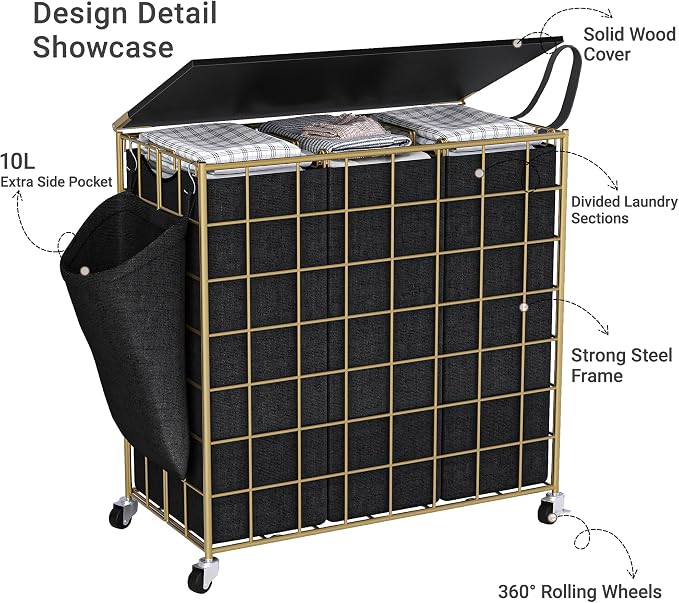 Laundry Basket with Wheels, Heavy Duty Laundry Sorter 3 Sections, 140L Large - Image 5