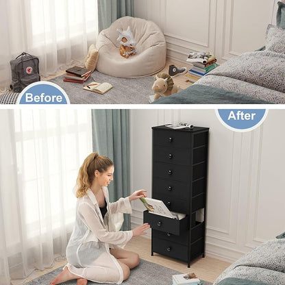 Fabric Dresser for Bedroom, 8 Drawer Tall Vertical Skinny Tower | Wooden Top - Image 9