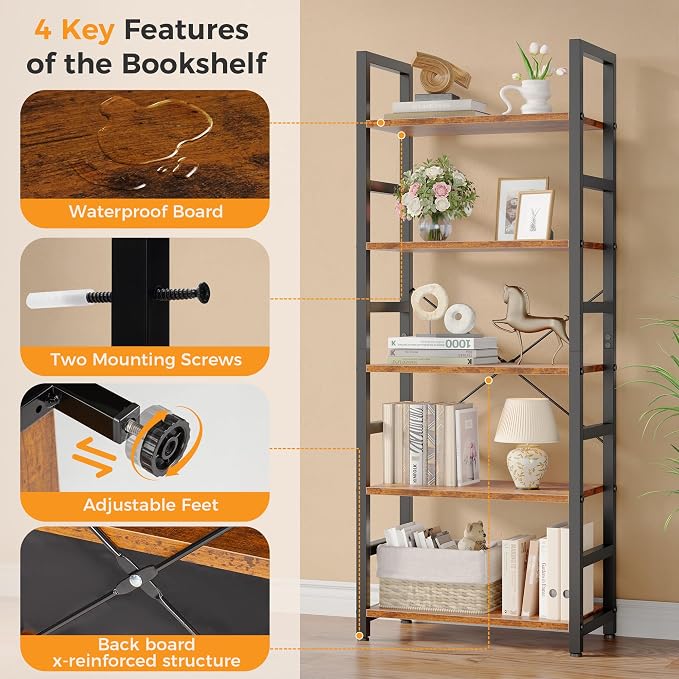 DUMOS 5-Tier Bookshelf, Modern Tall Bookcase Book Shelf | Open Storage Display - Image 8