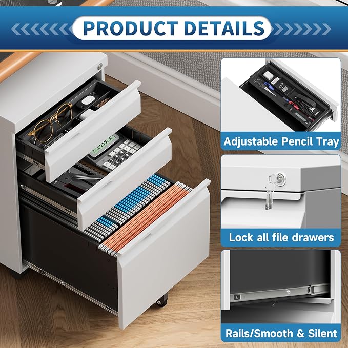 File Cabinet for Home Office, 3 Drawers Mobile File Cabinets Rolling, Under - Image 6