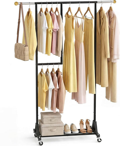 Rolling Clothing Rack with Bottom Storage Shelf & lockable Casters, Dresses by HRUSGO