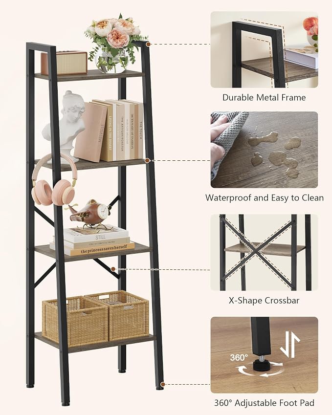 Hoctieon 4-Tier Industrial Ladder Bookshelf, Narrow Ladder Shelf, Tall Standing - Image 7