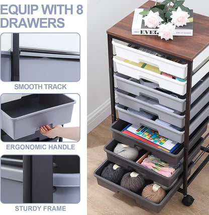 Rolling Cart with Drawers, Utility Cart With 8 Drawers and Wooden Tabletop - Image 3