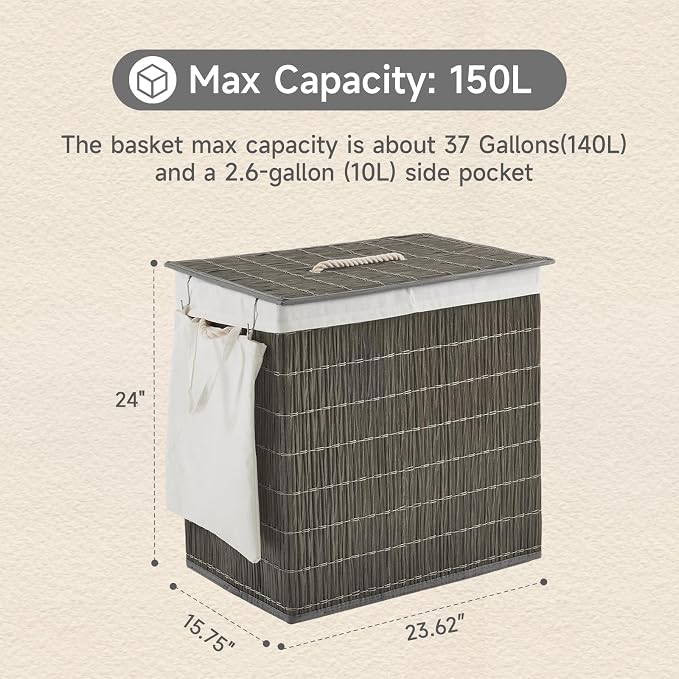 Laundry Hamper with Lid, 39.6 Gallon Large Laundry Basket 2 Removable Liner Bags - Image 4