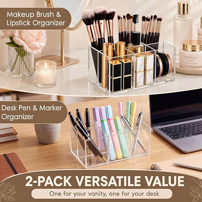 Zhehao 2 Pack Clear Acrylic Desk Organizer, 6-Slot Makeup Brush Holder and Pen - Image 4