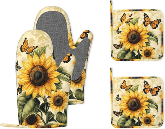 Vintage Sunflower Silicone Oven Mitts and Pot Holders, Butterfly Heat-Resistant by Unknown