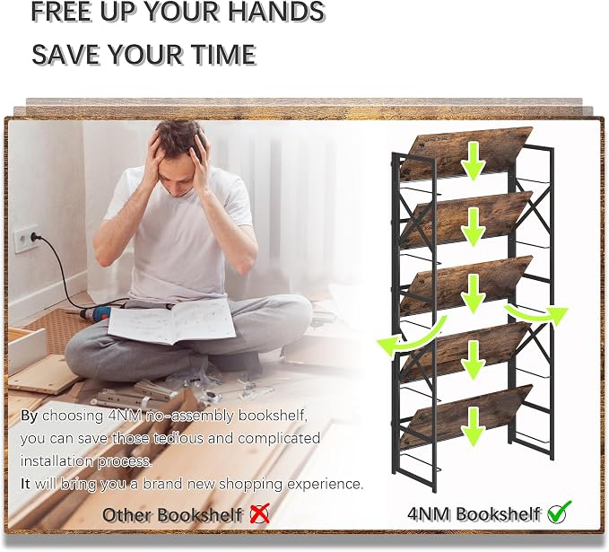 4NM 5 Tiers No Assembly Book Shelves, 51.2" H Folding Bookshelf Bookcase Open - Image 7