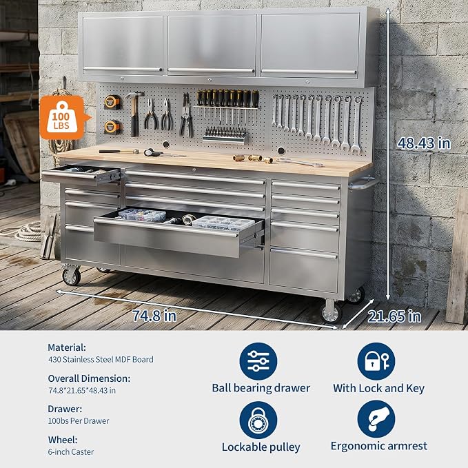 GarveeTech 72-Inch Heavy-Duty Rolling Tool Chest & Mobile Workbench, 15 Drawers - Image 2