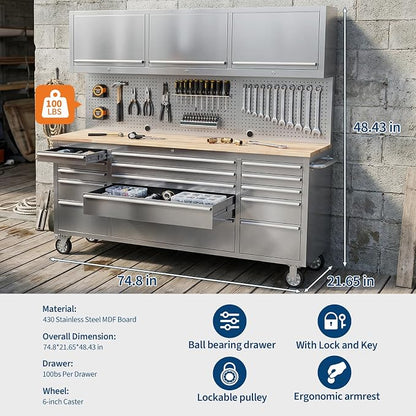 GarveeTech 72-Inch Heavy-Duty Rolling Tool Chest & Mobile Workbench, 15 Drawers - Image 2