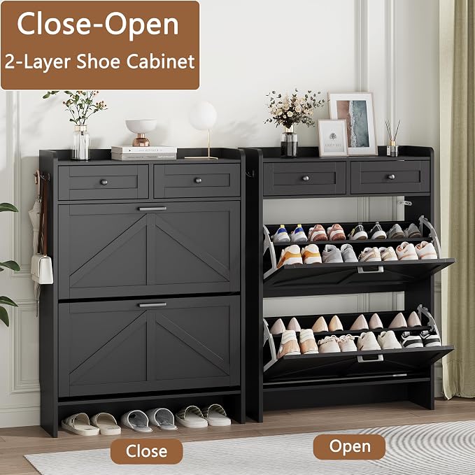 Shoe Cabinet with 2 Flip Drawers & 2 Top Drawers, Hidden Slim Shoe Rack - Image 4