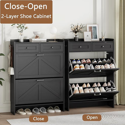 Shoe Cabinet with 2 Flip Drawers & 2 Top Drawers, Hidden Slim Shoe Rack - Image 4