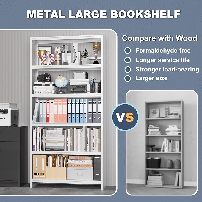 69" Tall Bookcase, 5-Tier Wide Bookshelf, Library Book Case - Image 5