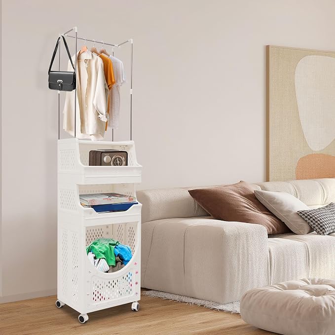 Rolling Laundry Hamper with Hanging Rod, 3-Tier Laundry Hamper Cart with 6 Hooks - Image 4