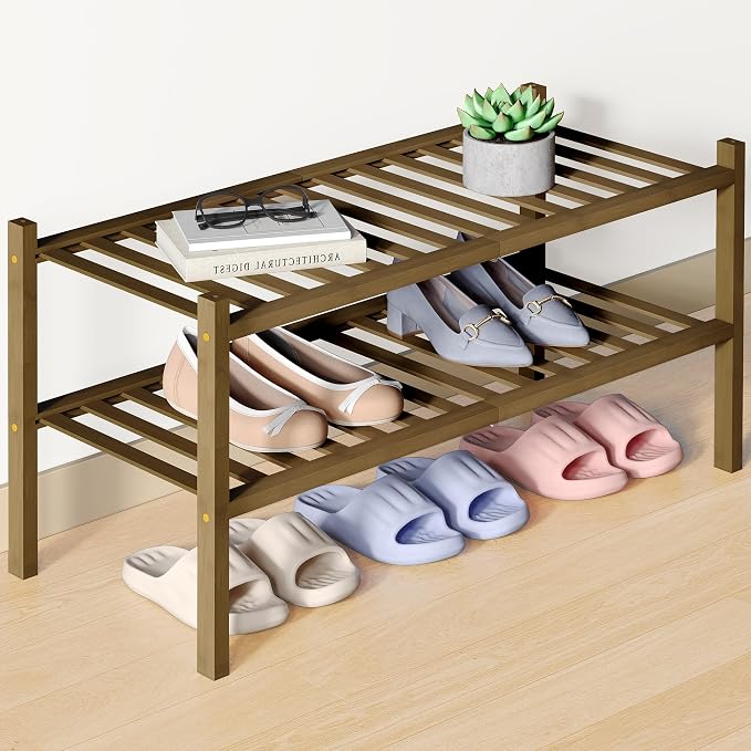 Smiry Bamboo Shoe Rack for Closet, 2 Tier Wooden Stackable Shoe Organizer by Smiry