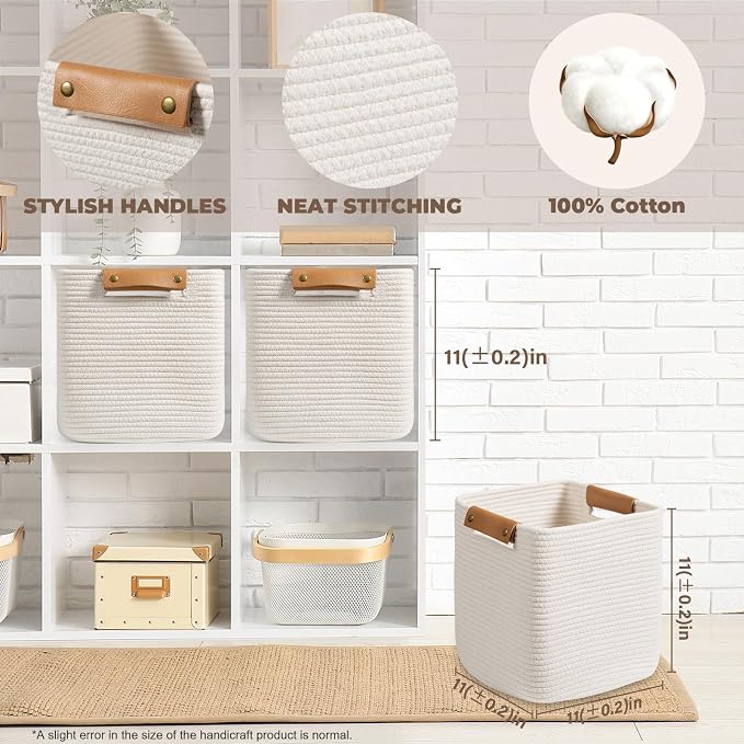 danpinera Set of 3 11 Inch Storage Baskets, Cube Storage Bins, Square Cotton - Image 2