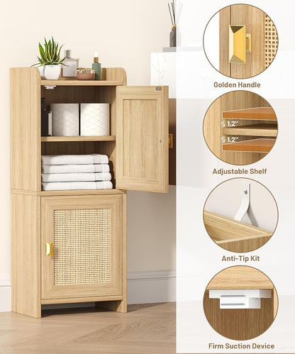 Akxomel Rattan Small Bathroom Cabinet Narrow Toilet Paper Organizer Oak | - Image 8