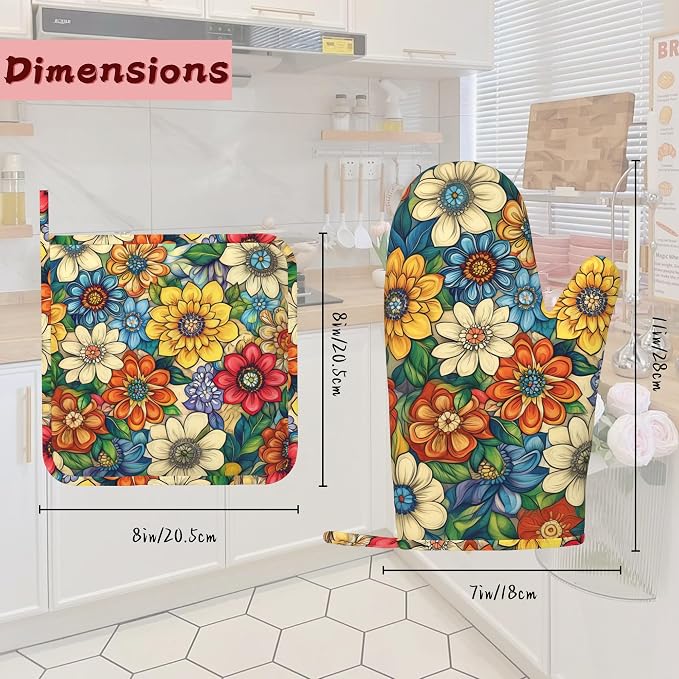 Flower Heat-Resistant Silicone Oven Mitts and Pot Holders, Cute Mandala Floral - Image 2
