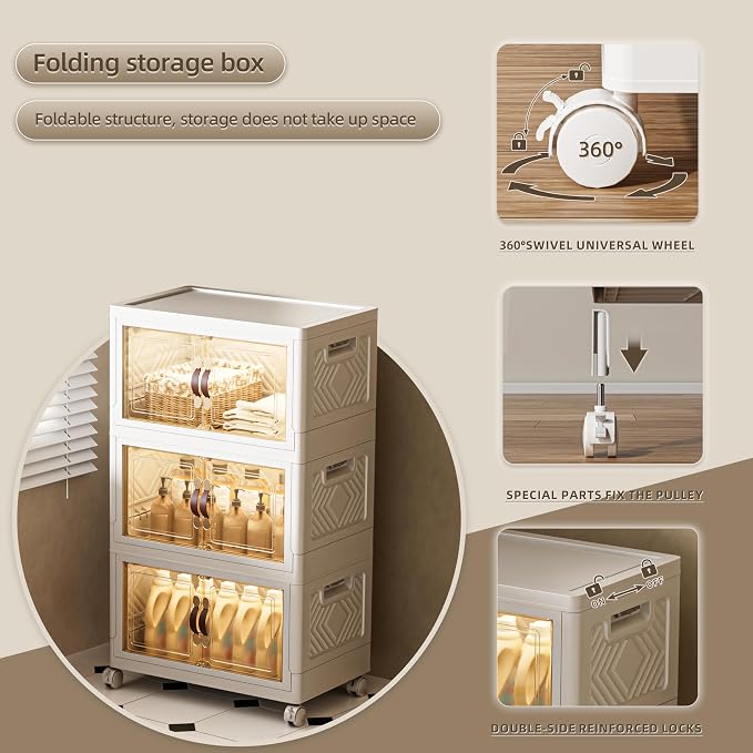 108 QT / 27 Gal Stackable Storage Bins w/Wheels & Magnetic Doors, Collapsible - Image 6