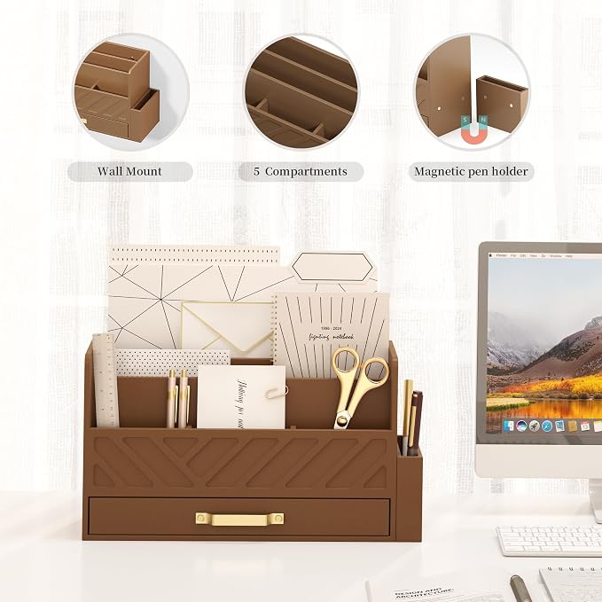 Bamboo Desk Organizer Mail Holder Countertop Wood Desk Drawer Tabletop Storage - Image 5