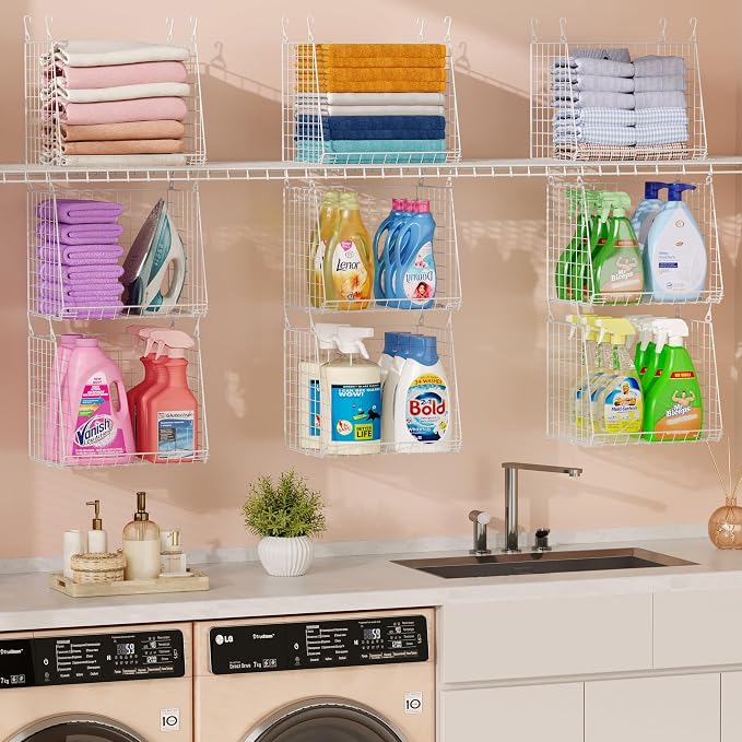 3-Pack Extra-Tall 13.6'' Hanging Laundry Basket Organizer, Foldable Wire Shelf - Image 5