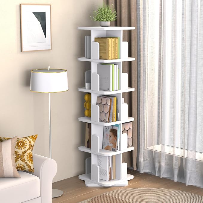 MHOM White Rotating Bookshelf, 360 Display 5 Tier Rotating Bookshelf Tower - Image 3