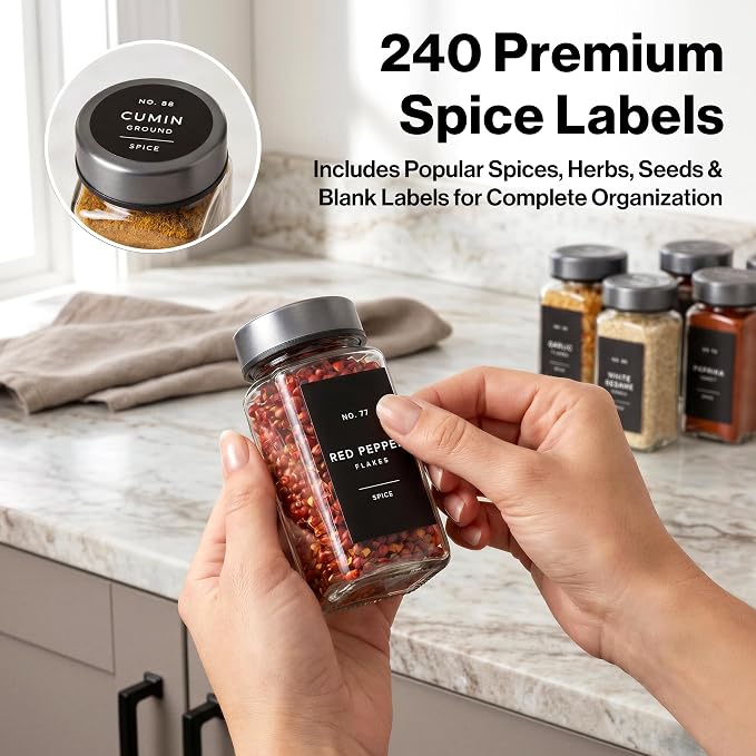 EDELHAUS Glass Spice Jars with Label, 24x Space Gray Stainless Steel Lids | - Image 5