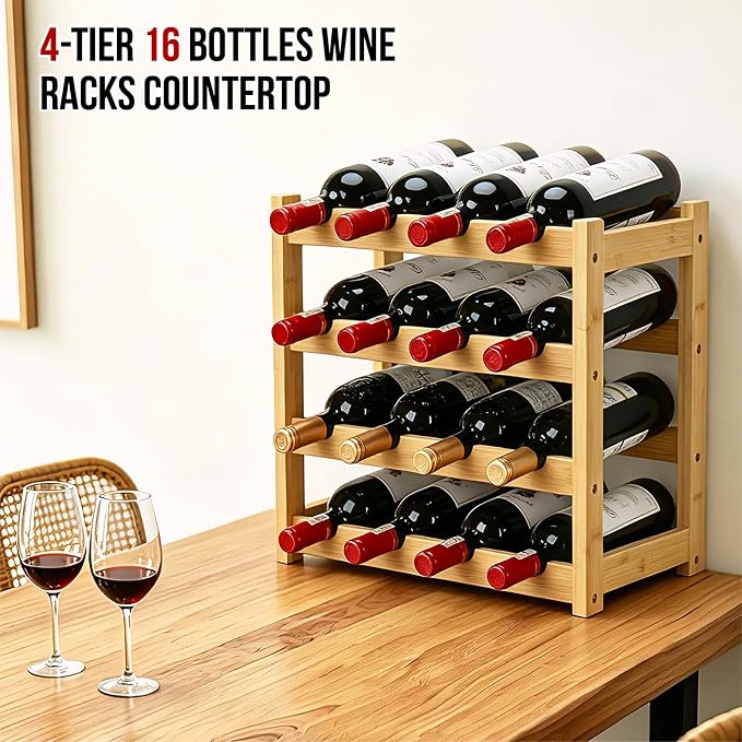 Bamboo Wine Rack, 4-Tier 16 Bottles Wine Storage Cabinet Shelf, Easy-Assembly - Image 3