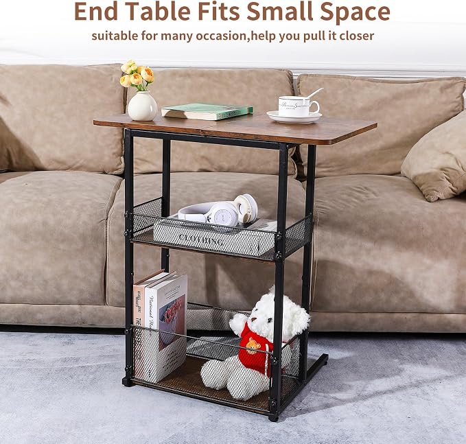 C Shaped End Table with Storage Shelf Basket, Small Couch Table with Wheels - Image 8