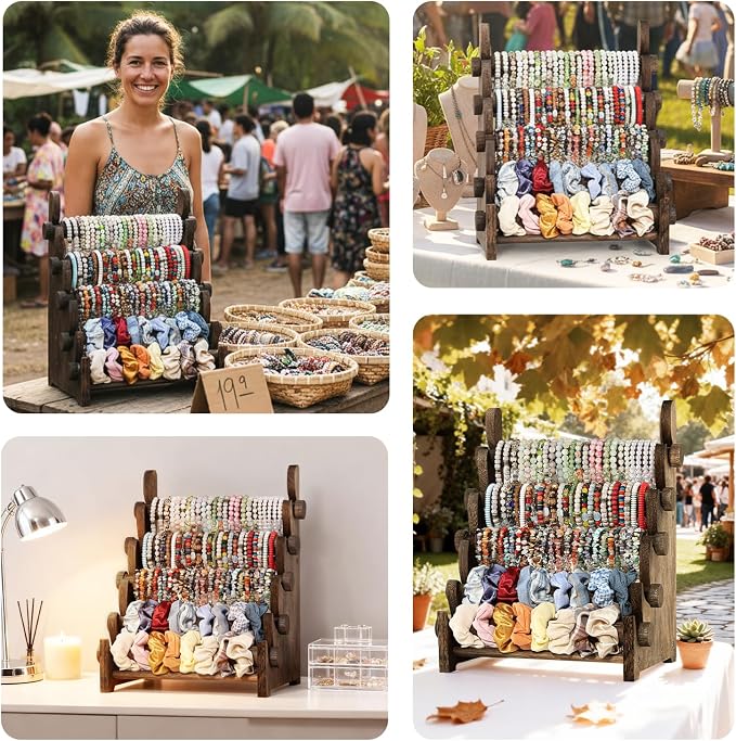 TOPNEW 5 Tier Wooden Bracelet Holder, Scrunchie Bangle Watch Necklace Display - Image 7